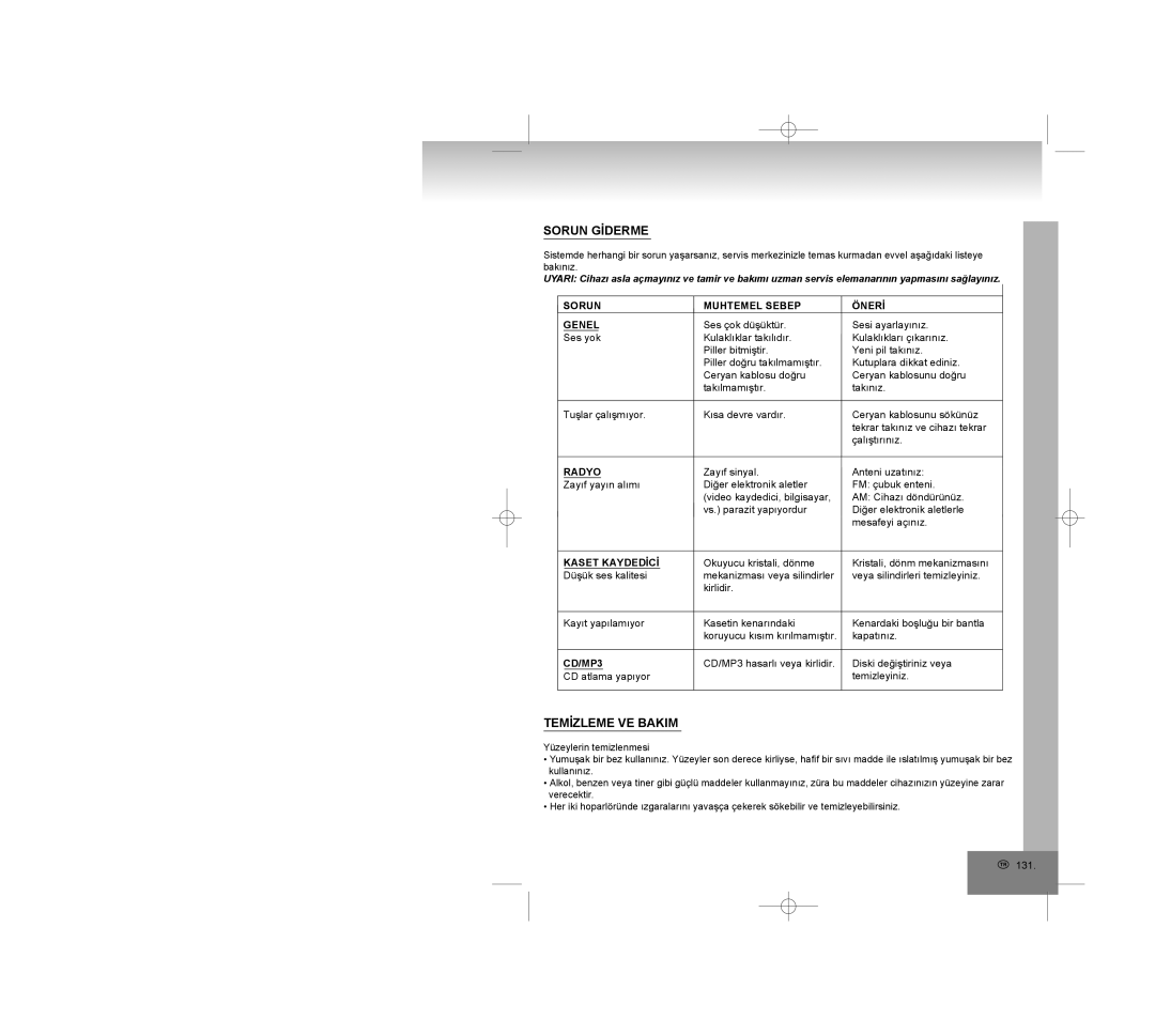 Elta 2322USB manual Sorun Gİderme, Temİzleme VE Bakim, Sorun Muhtemel Sebep Önerİ Genel, Radyo, Kaset Kaydedİcİ 