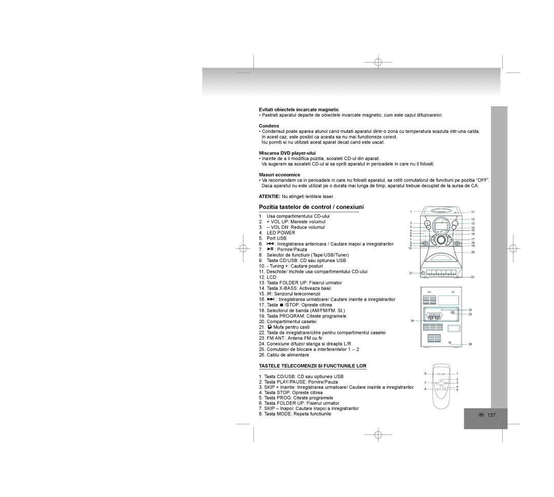 Elta 2322USB manual Pozitia tastelor de control / conexiuni, Tastele Telecomenzii SI Functiunile LOR 