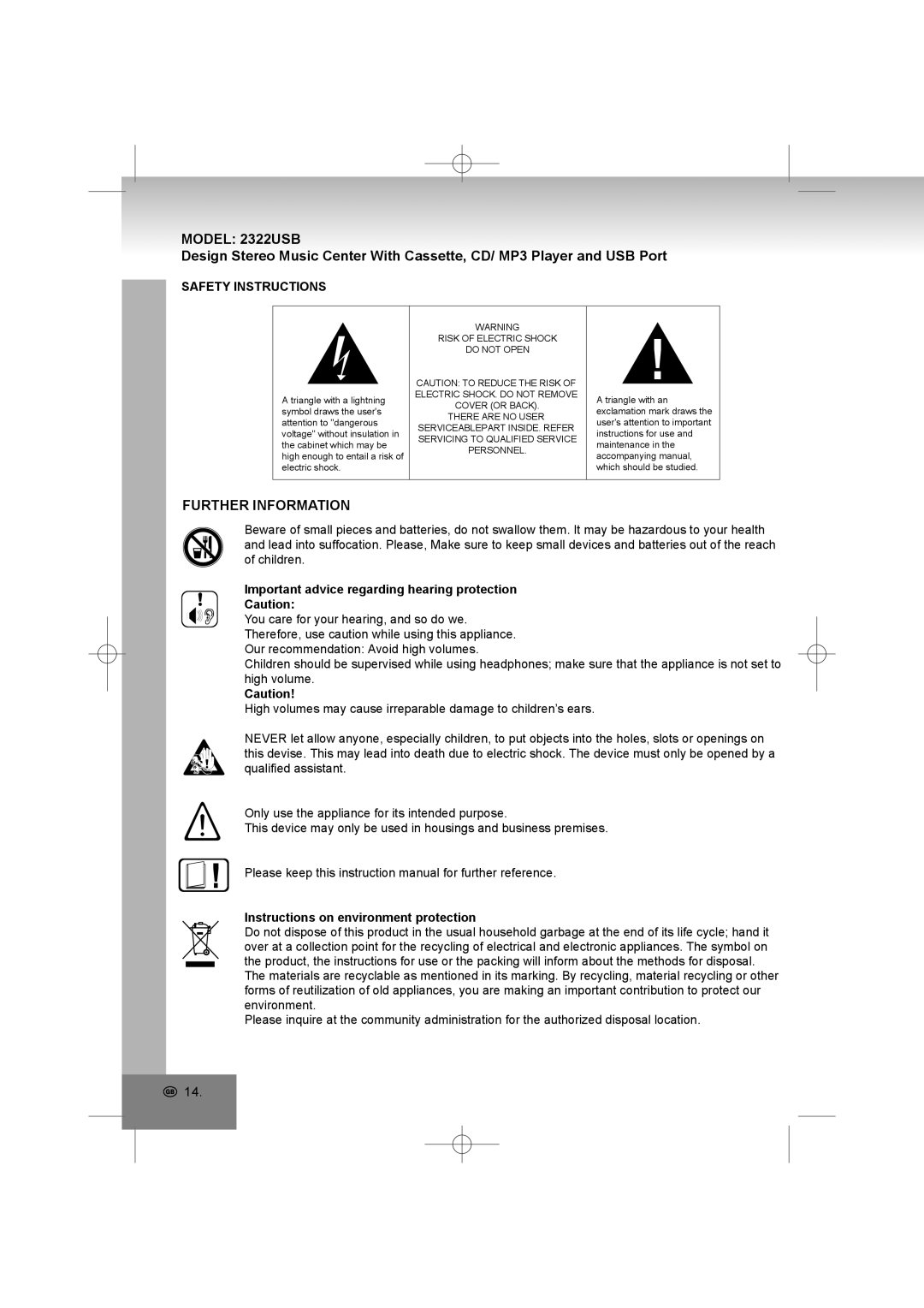 Elta manual Model 2322USB, Further Information, Safety Instructions, Important advice regarding hearing protection 