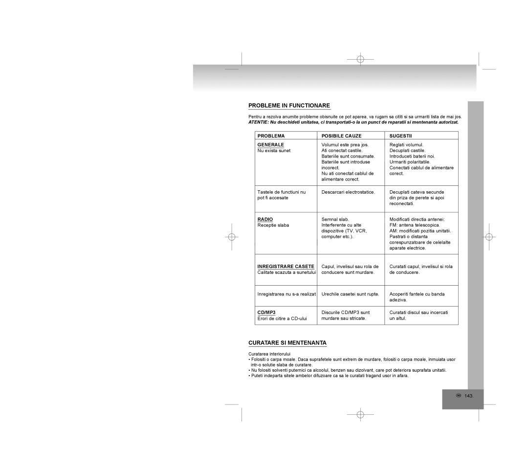 Elta 2322USB manual Probleme in Functionare, Curatare SI Mentenanta, Problema Posibile Cauze Sugestii Generale 