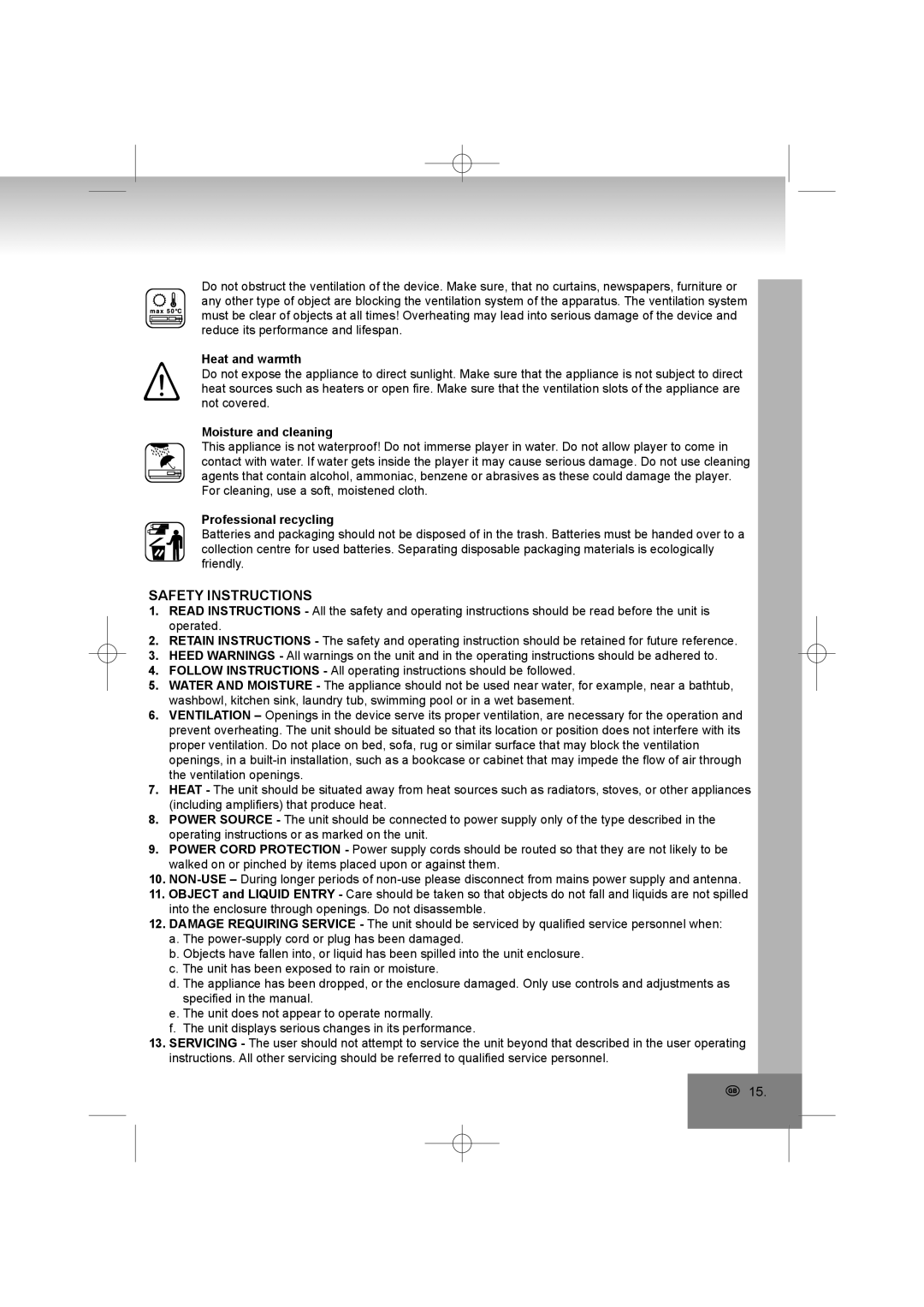 Elta 2322USB manual Safety Instructions, Heat and warmth, Moisture and cleaning, Professional recycling 