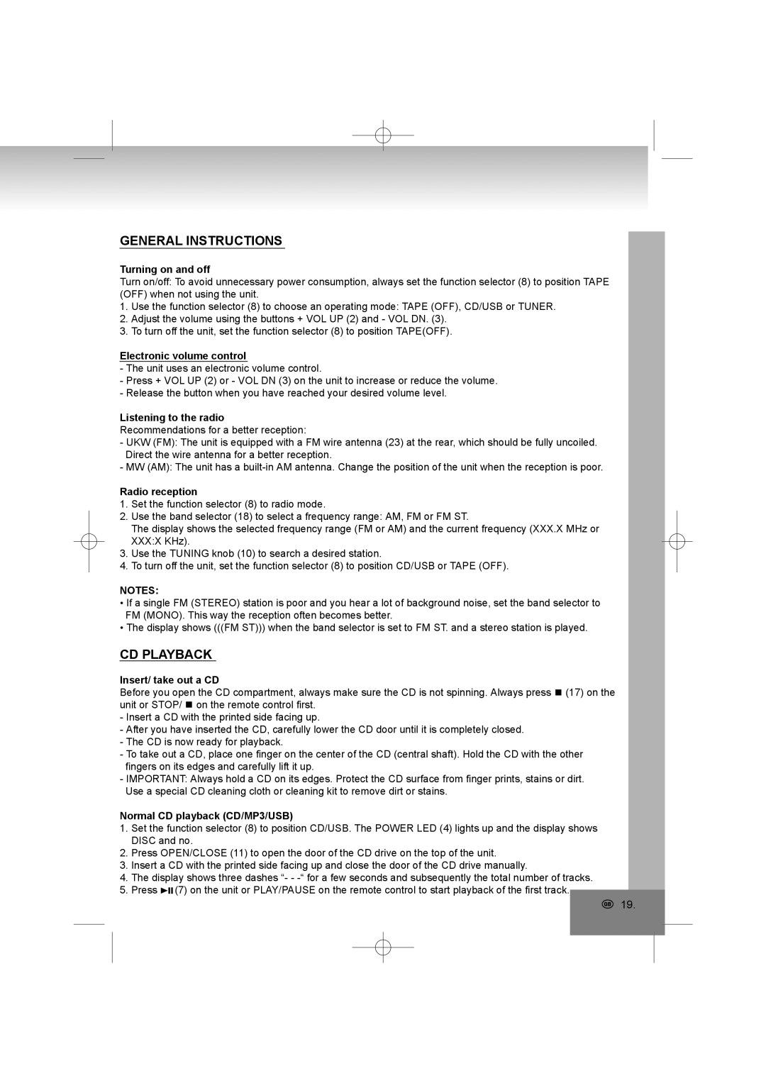 Elta 2322USB manual General Instructions, CD Playback 