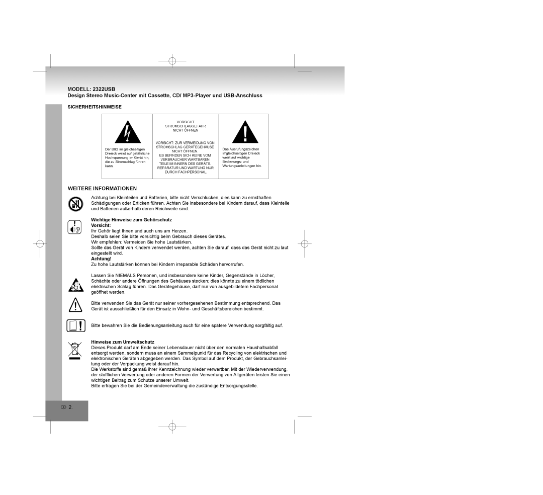 Elta manual Modell 2322USB, Weitere Informationen, Sicherheitshinweise 