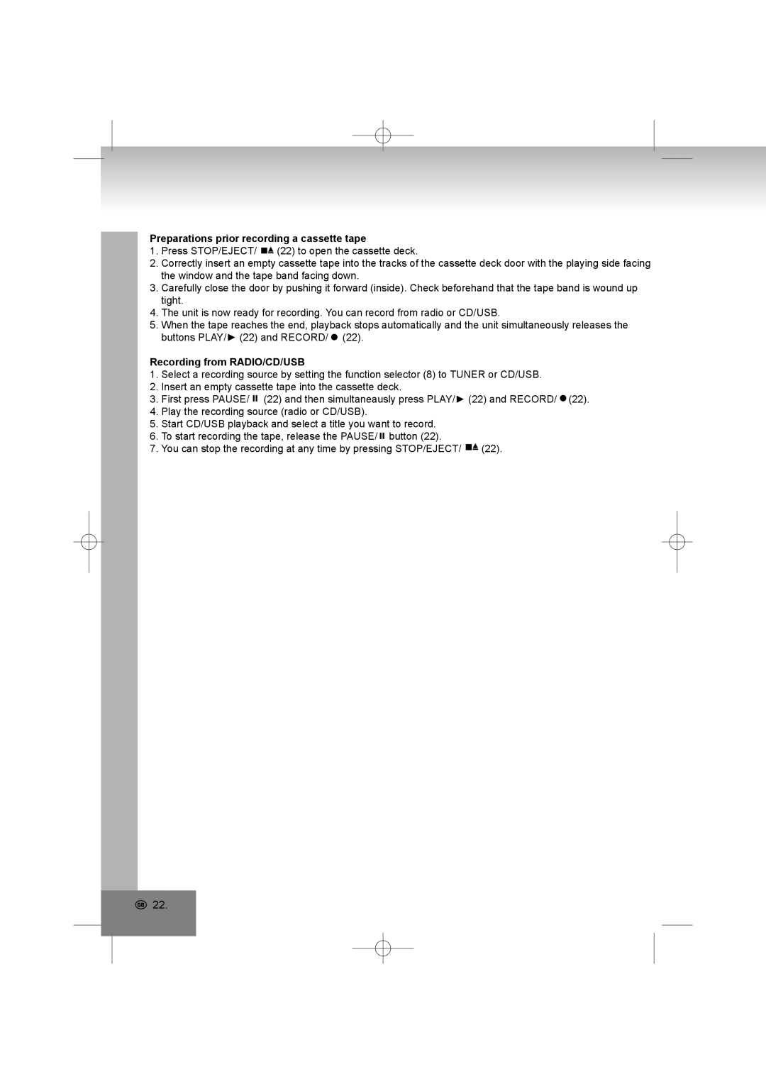 Elta 2322USB manual Preparations prior recording a cassette tape, Recording from RADIO/CD/USB 