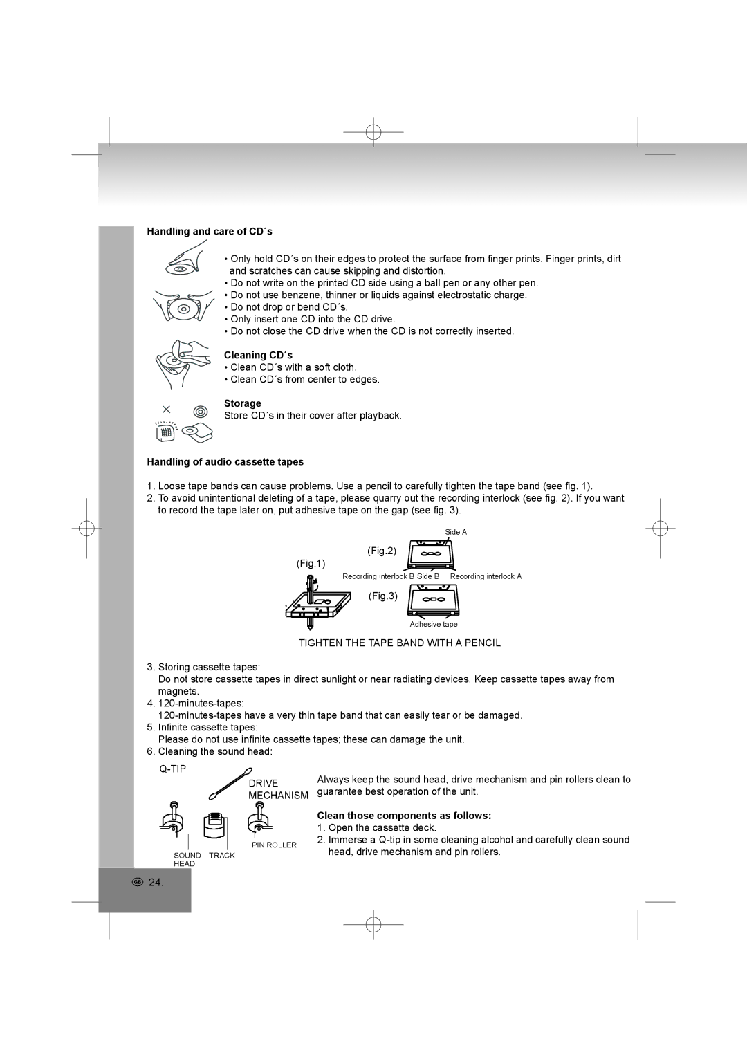 Elta 2322USB manual Handling and care of CD´s, Cleaning CD´s, Storage, Handling of audio cassette tapes 