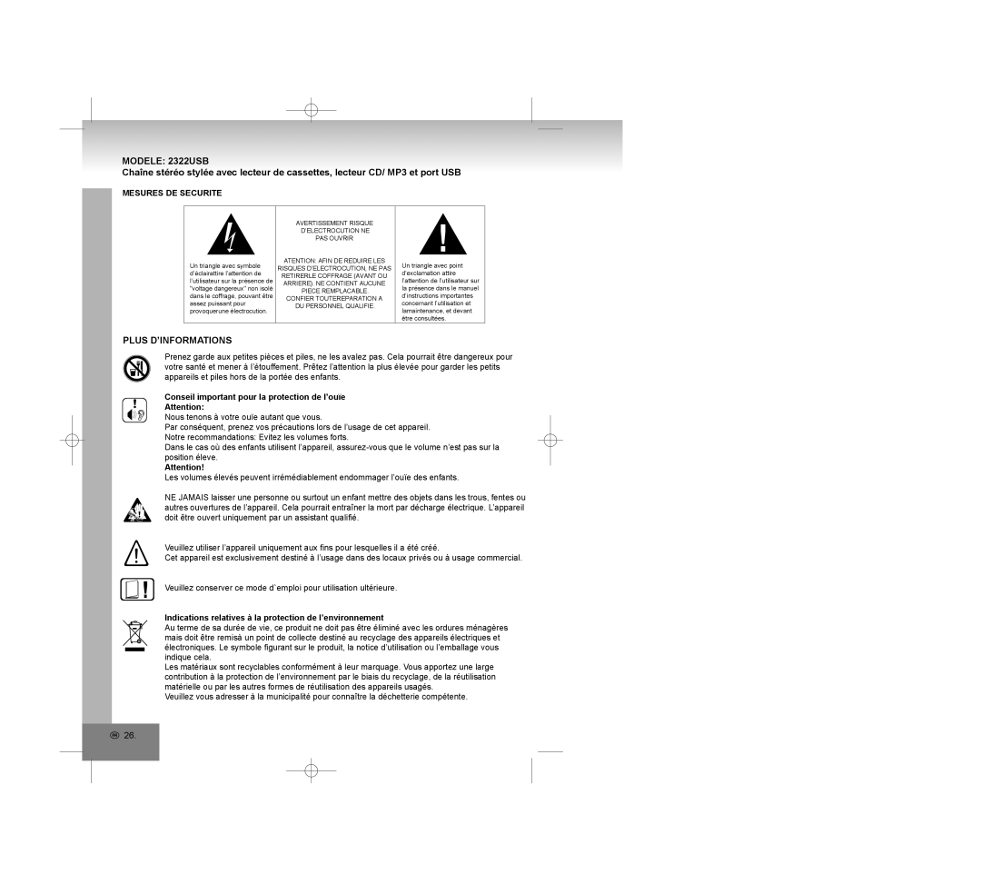 Elta manual Modele 2322USB, Plus D’INFORMATIONS, Mesures DE Securite, Conseil important pour la protection de l’ouïe 