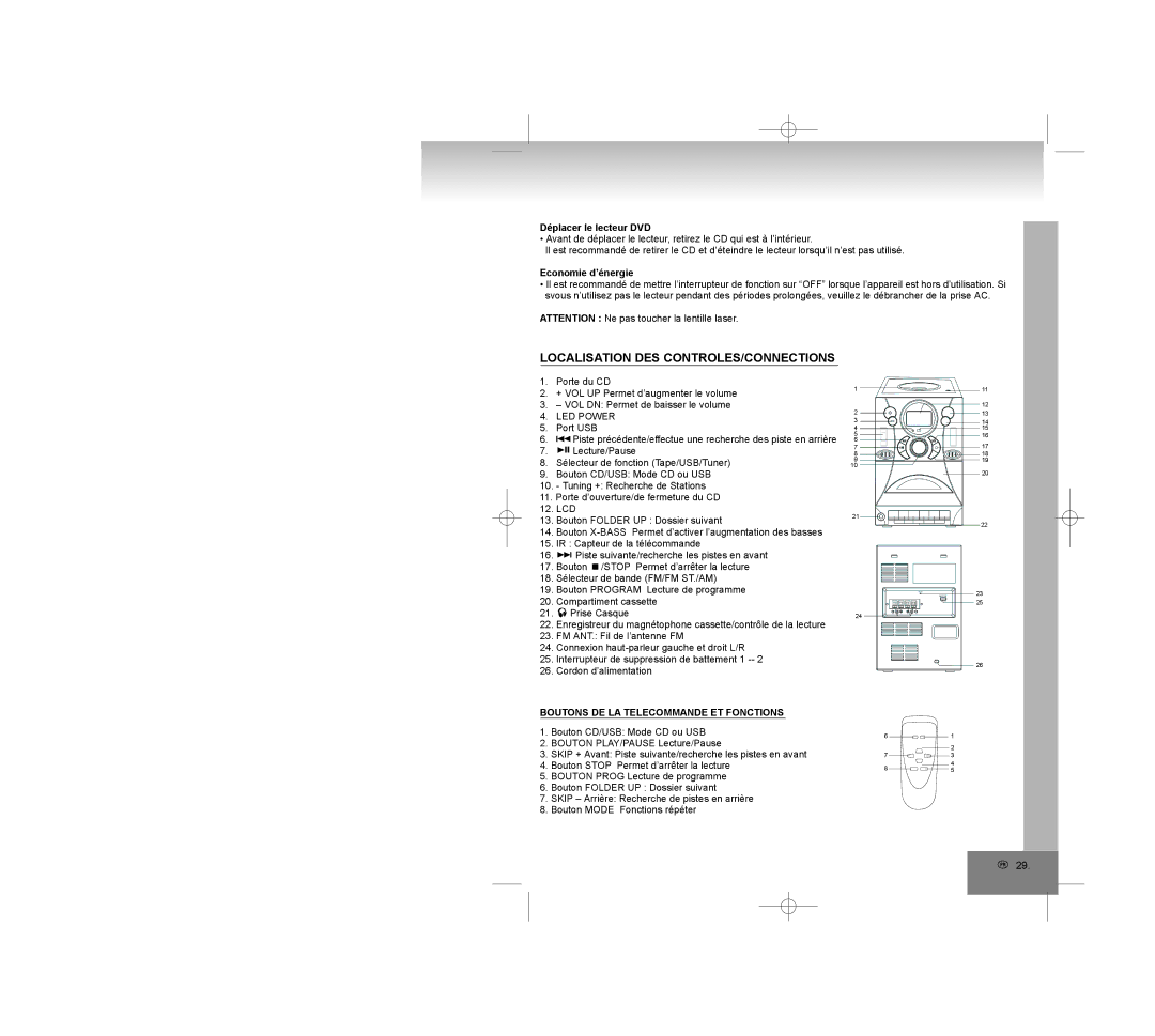 Elta 2322USB manual Localisation DES CONTROLES/CONNECTIONS, Déplacer le lecteur DVD, Economie d’énergie, LED Power 