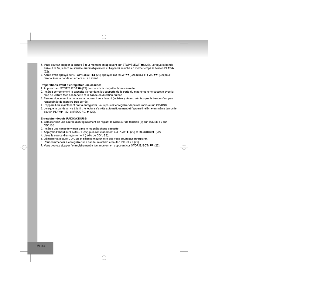 Elta 2322USB manual Préparations avant d’enregistrer une casette, Enregistrer depuis RADIO/CD/USB 