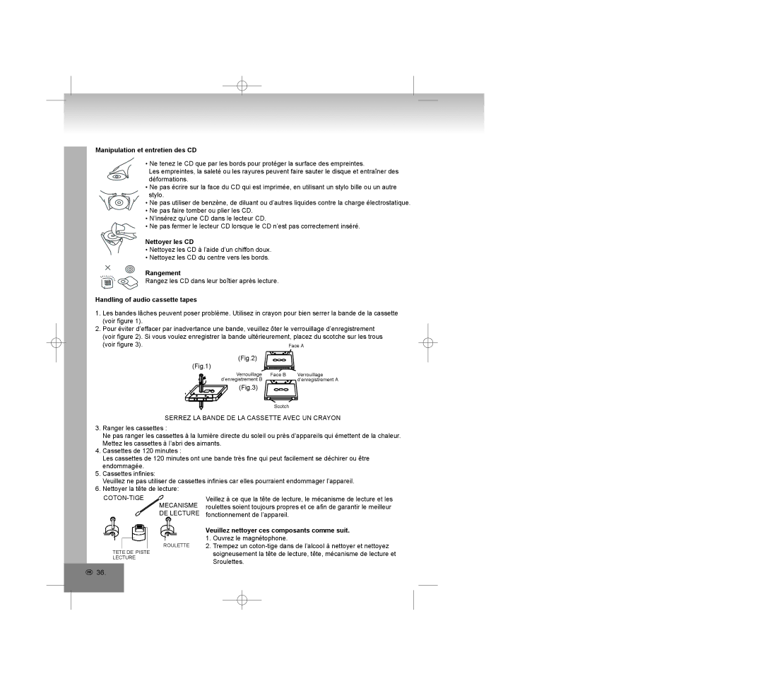 Elta 2322USB Manipulation et entretien des CD, Nettoyer les CD, Rangement, Veuillez nettoyer ces composants comme suit 