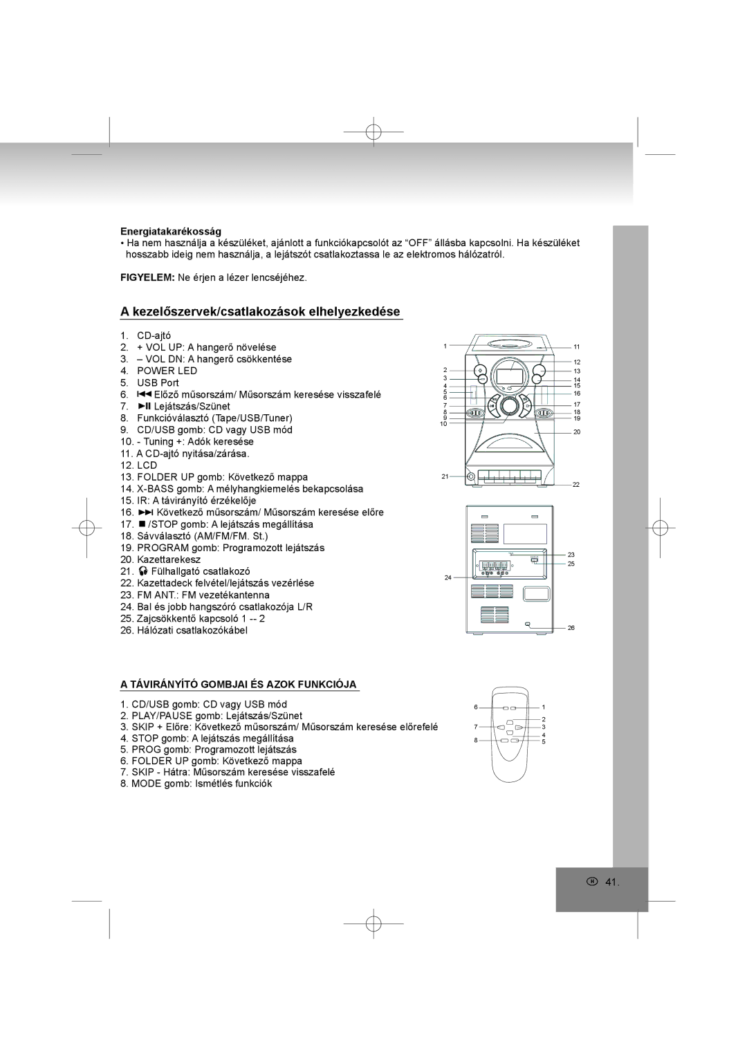 Elta 2322USB manual Kezelőszervek/csatlakozások elhelyezkedése, Energiatakarékosság, Távirányító Gombjai ÉS Azok Funkciója 