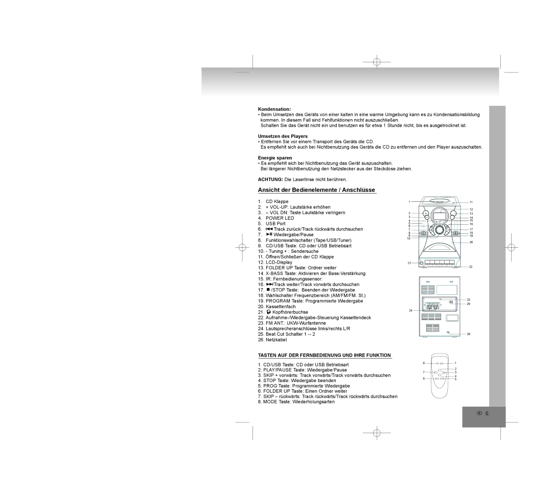 Elta 2322USB manual Ansicht der Bedienelemente / Anschlüsse, Kondensation, Umsetzen des Players, Energie sparen 