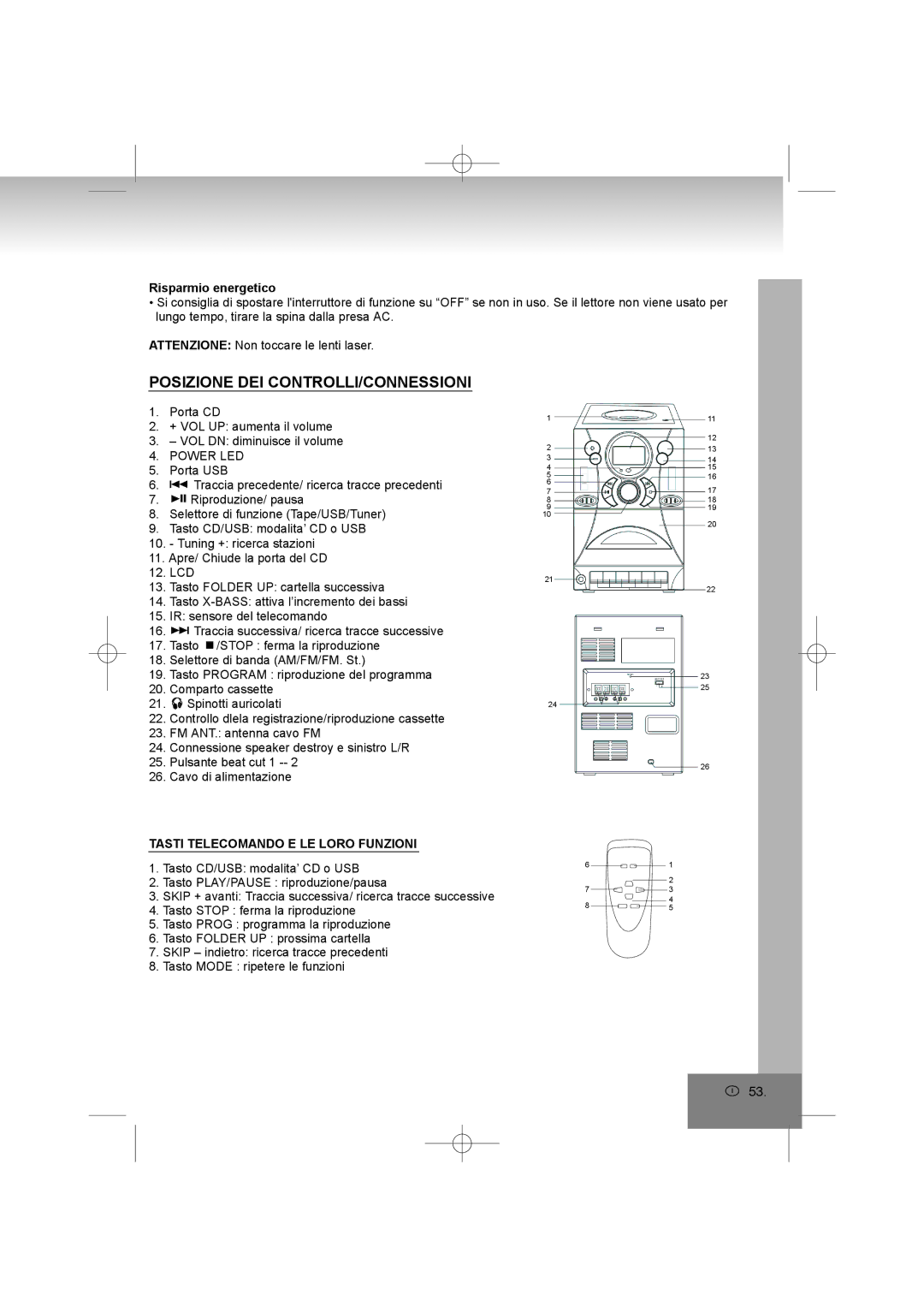 Elta 2322USB manual Posizione DEI CONTROLLI/CONNESSIONI, Risparmio energetico, Tasti Telecomando E LE Loro Funzioni 