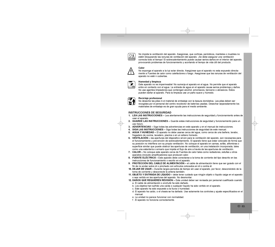 Elta 2322USB manual Instrucciones DE Seguridad, Calor, Humedad y limpieza, Reciclaje profesional 