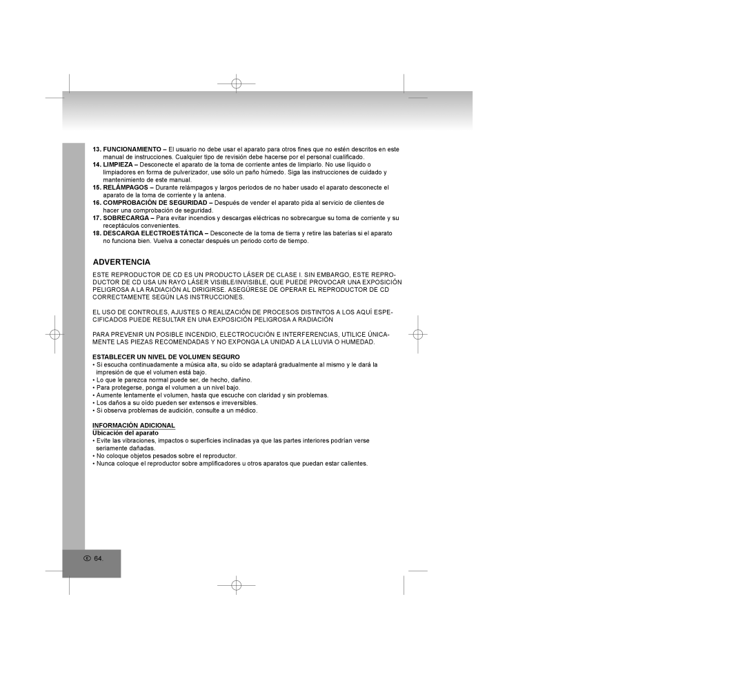 Elta 2322USB manual Advertencia, Establecer UN Nivel DE Volumen Seguro, Información Adicional, Ubicación del aparato 