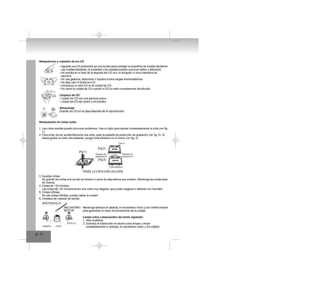 Elta 2322USB manual Manipulación y cuidados de los CD, Limpieza de CD, Almacenaje, Manipulación de cintas audio 