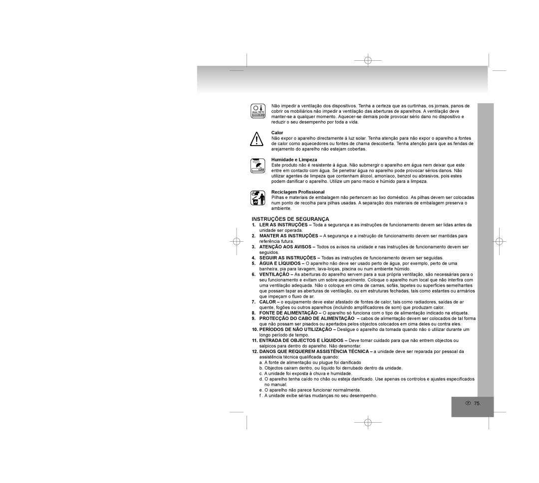 Elta 2322USB manual Instruções DE Segurança, Humidade e Limpeza, Reciclagem Profissional 