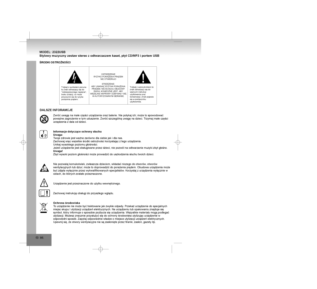 Elta 2322USB manual Dalsze Inforamcje, Środki Ostrożności, Informacje dotyczące ochrony słuchu Uwaga, Ochrona środowiska 