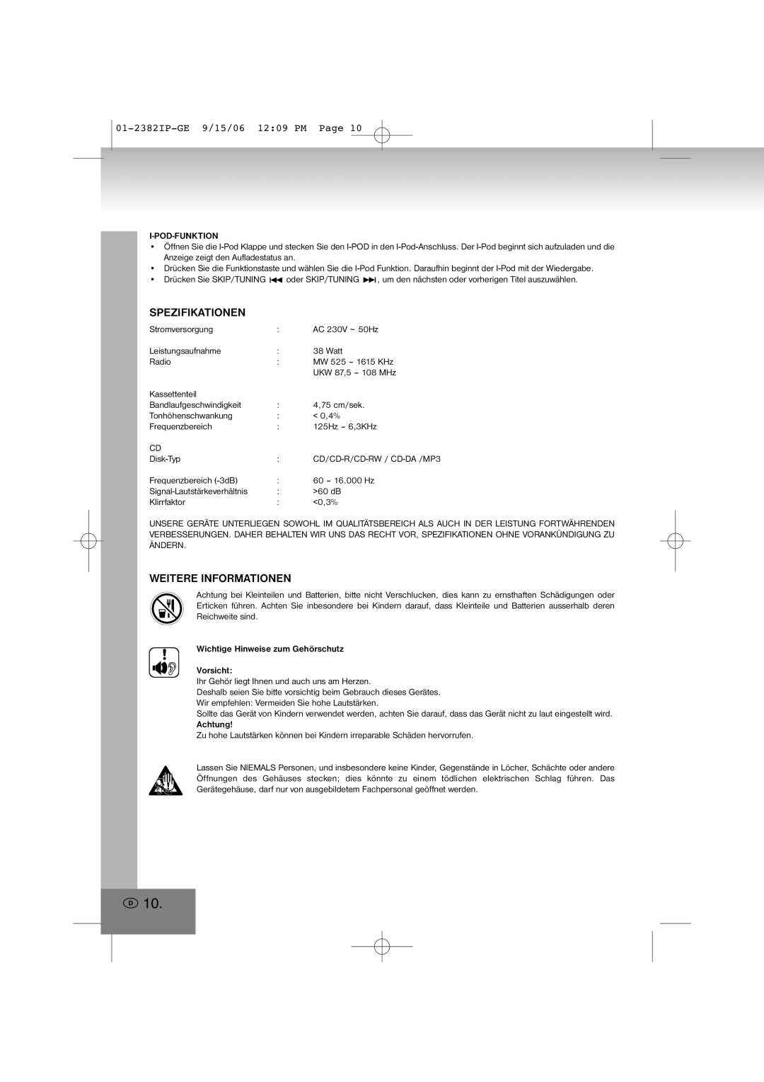 Elta 2382IP manual Spezifikationen, Weitere Informationen, Pod-Funktion 