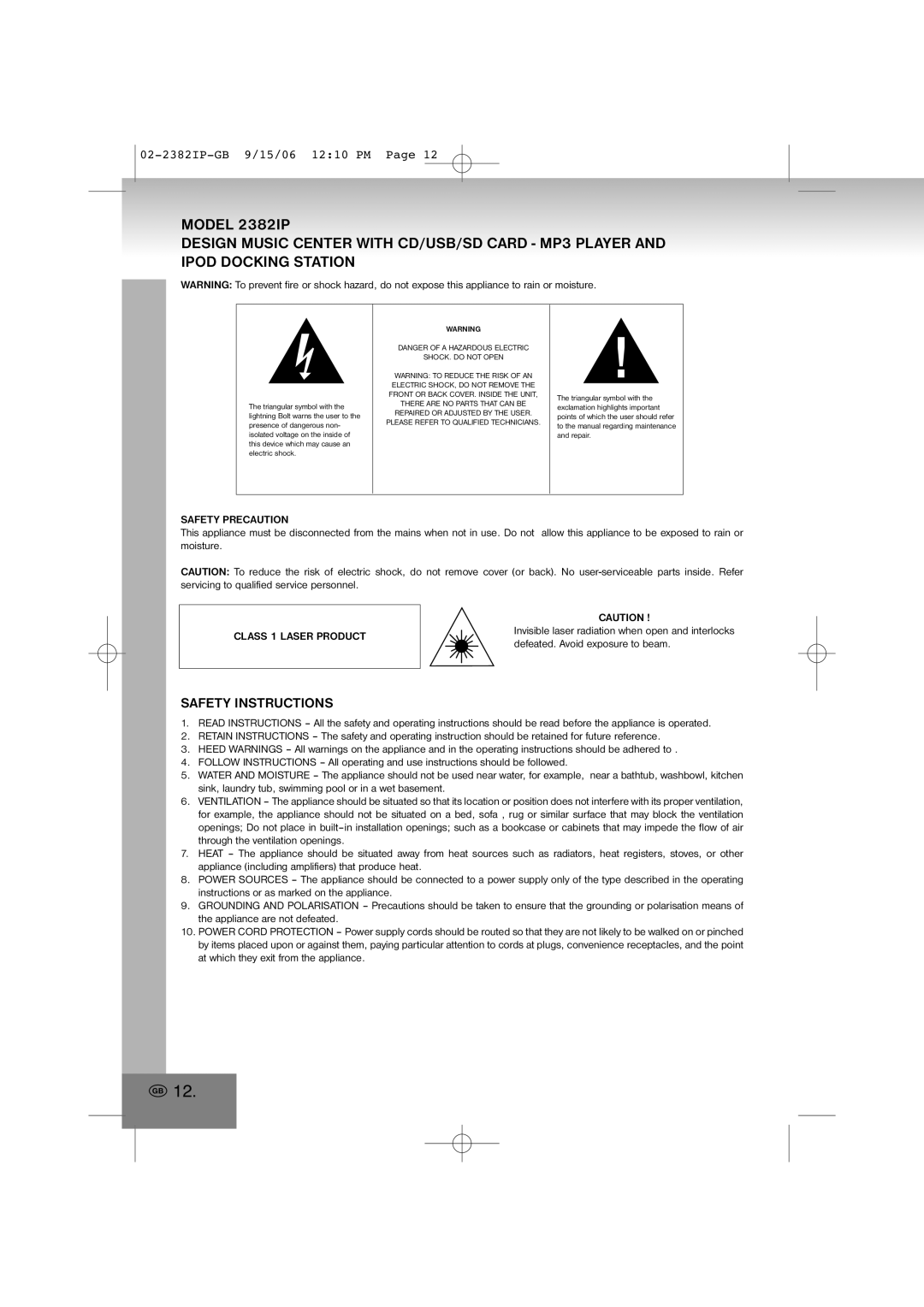 Elta 2382IP manual Safety Instructions, Safety Precaution, Class 1 Laser Product 