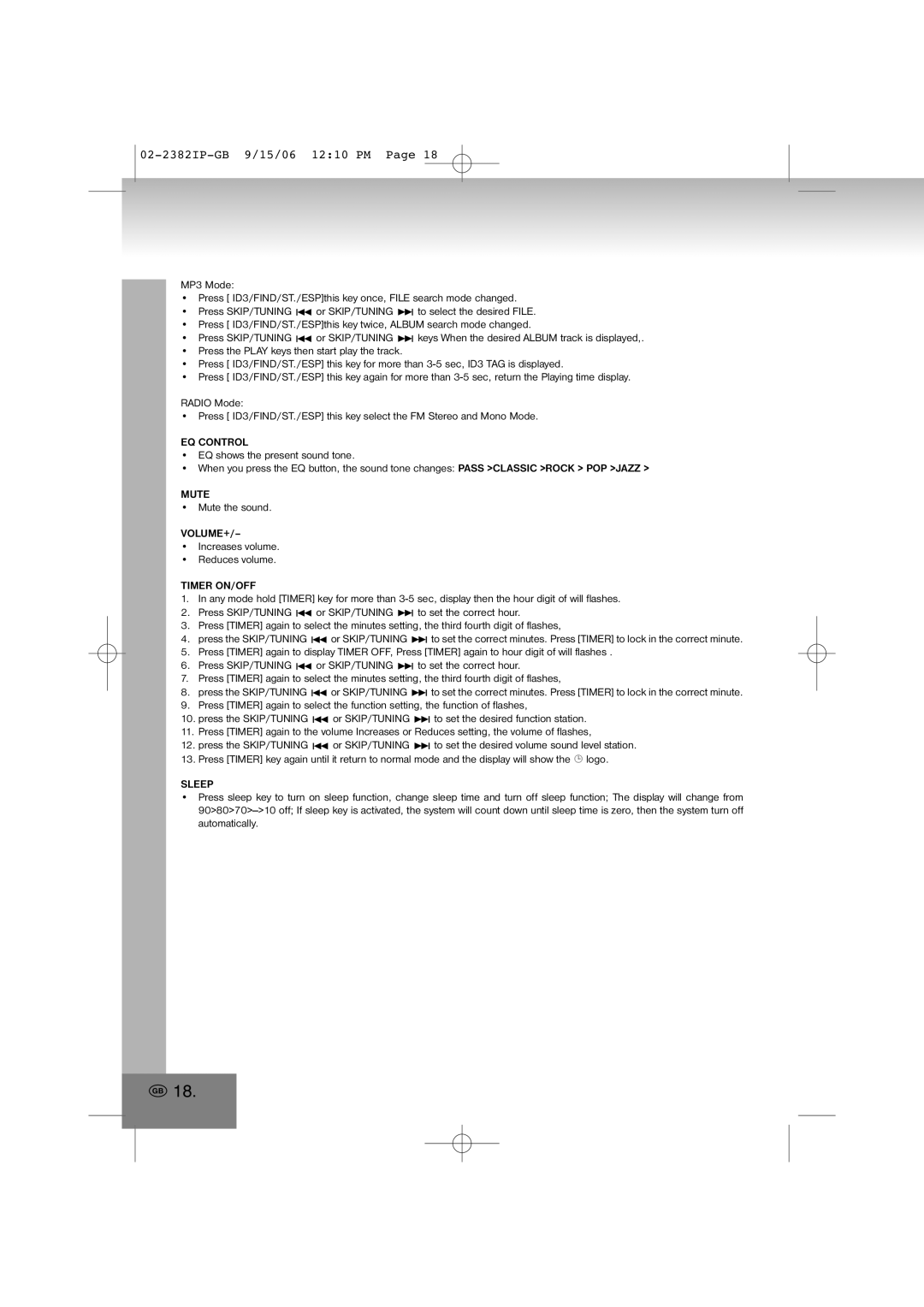 Elta 2382IP manual EQ Control, Mute, Volume+, Timer ON/OFF, Sleep 