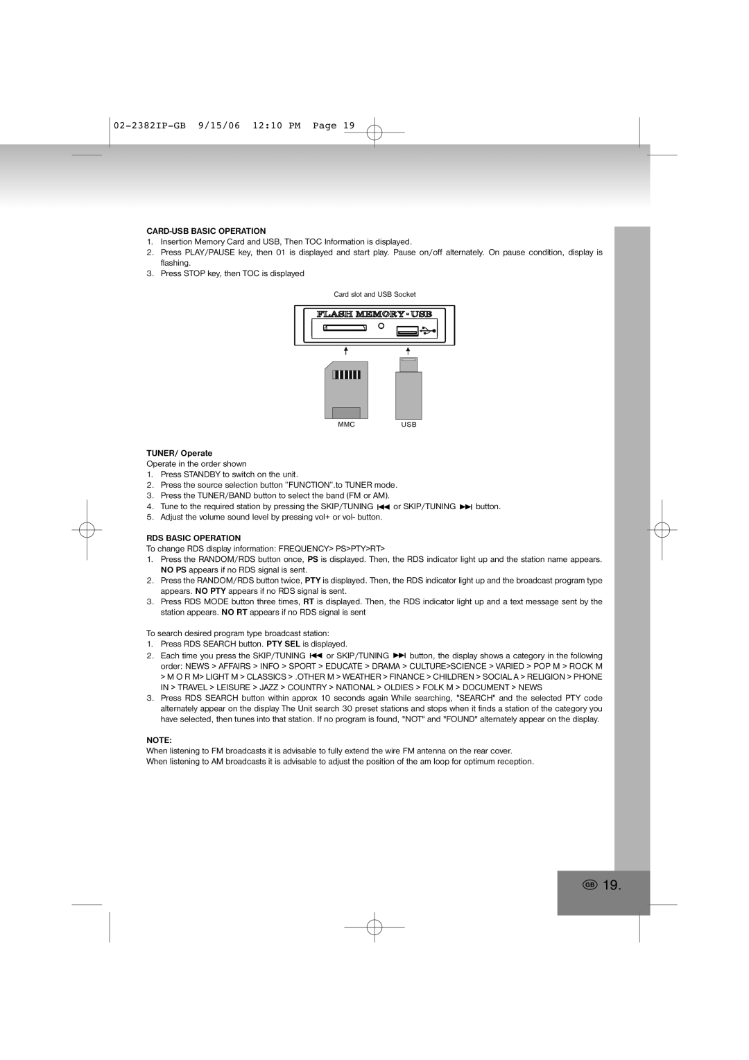 Elta 2382IP manual CARD-USB Basic Operation, RDS Basic Operation 