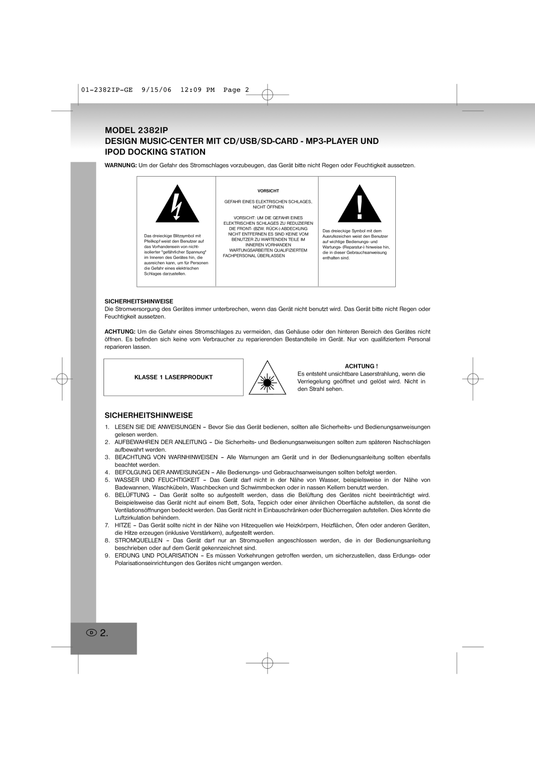 Elta 2382IP manual Sicherheitshinweise, Klasse 1 Laserprodukt Achtung 