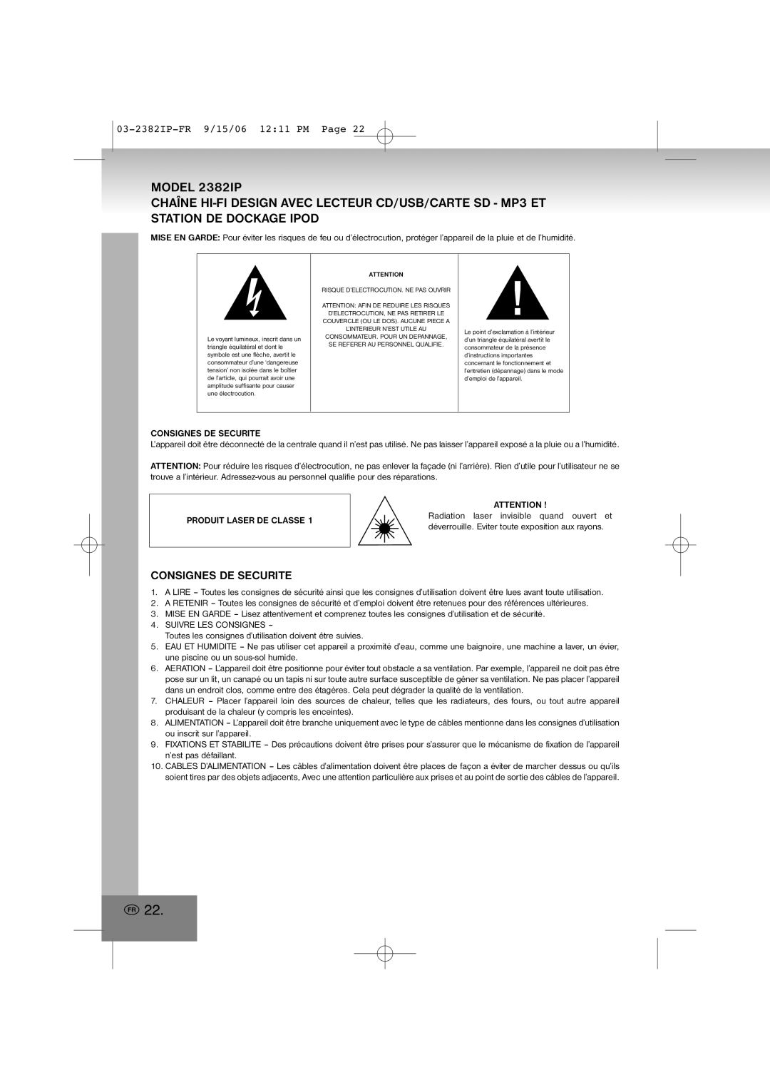 Elta 2382IP manual Consignes DE Securite, Produit Laser DE Classe, Suivre LES Consignes 