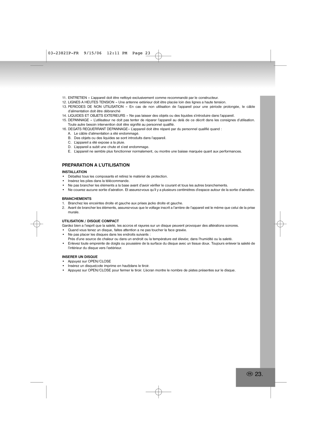 Elta 2382IP manual Preparation a L’UTILISATION, Branchements, Utilisation / Disque Compact, Inserer UN Disque 