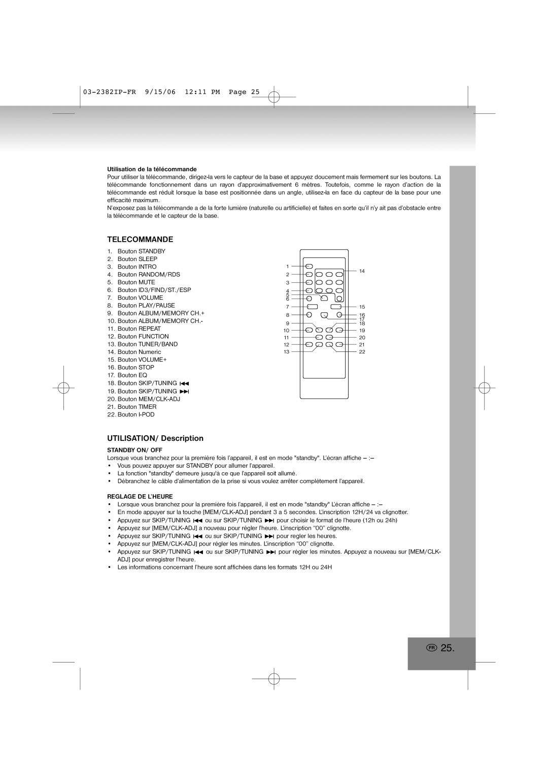 Elta 2382IP manual Telecommande, UTILISATION/ Description, Reglage DE L’HEURE 