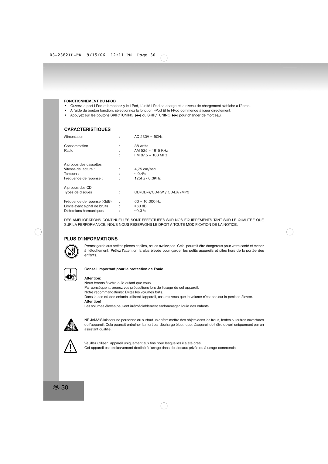 Elta 2382IP manual Caracteristiques, Plus D’INFORMATIONS, Fonctionnement DU I-POD 