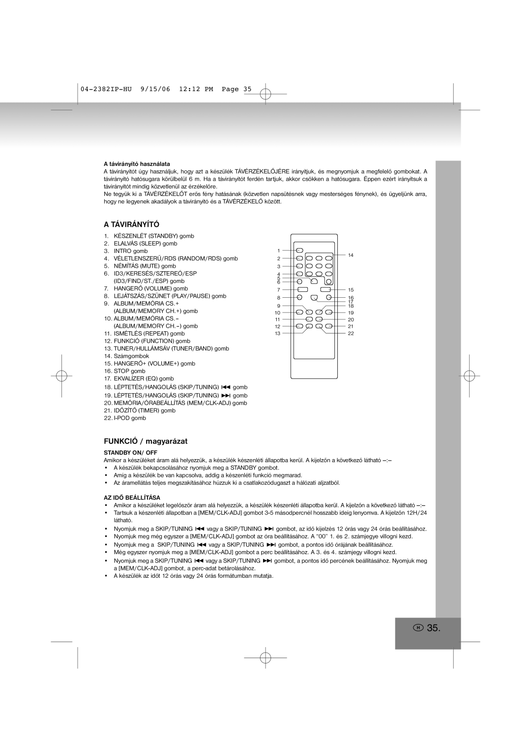 Elta 2382IP manual Távirányító, Funkció / magyarázat 