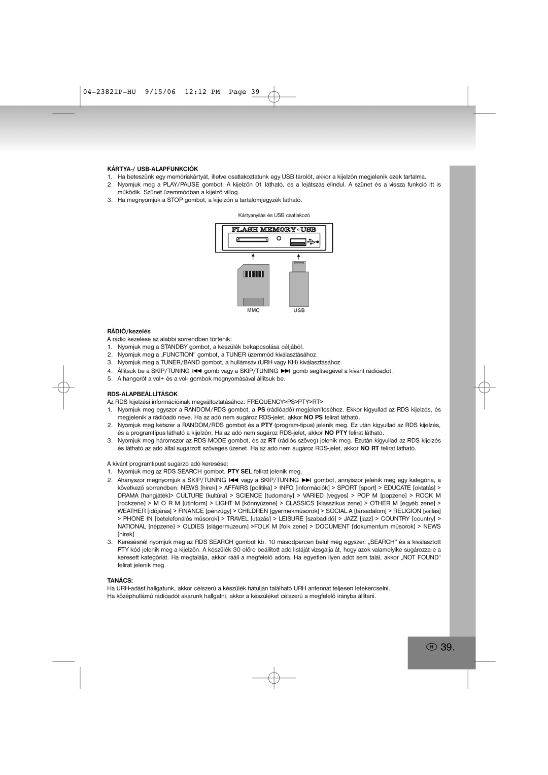 Elta 2382IP manual Kártya-/ Usb-Alapfunkciók, Rds-Alapbeállítások, Tanács 