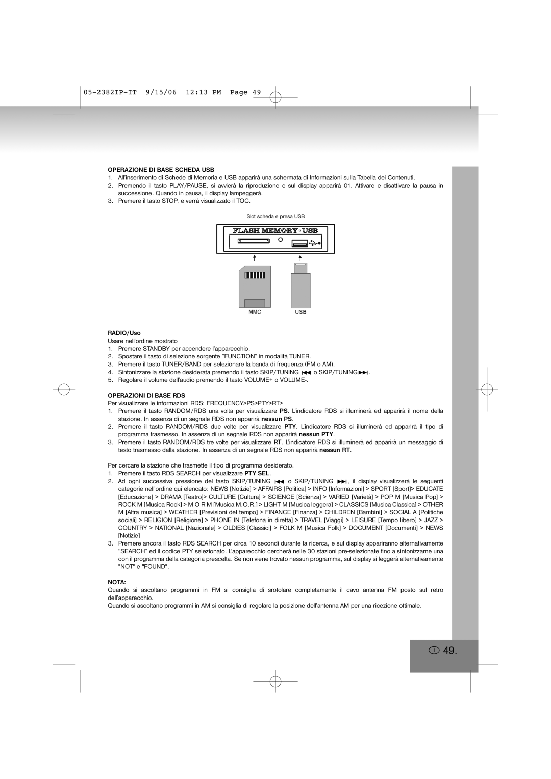 Elta 2382IP manual Operazione DI Base Scheda USB, Operazioni DI Base RDS, Nota 