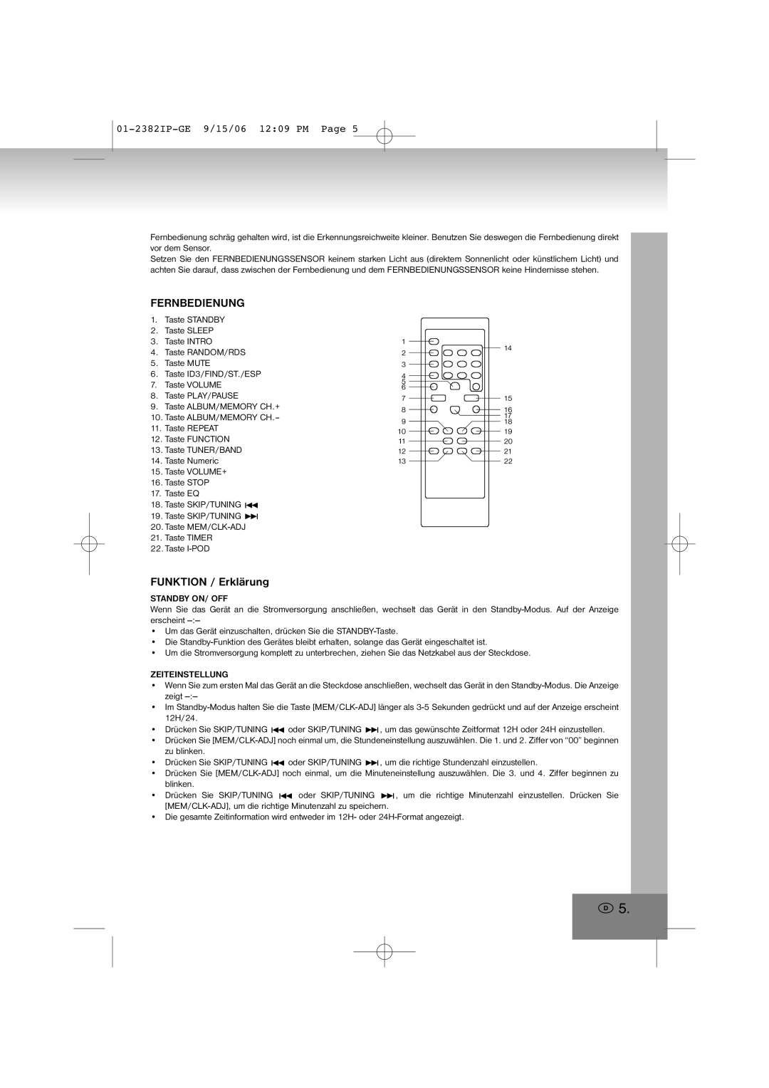 Elta 2382IP manual Fernbedienung, Funktion / Erklärung, Standby ON/ OFF, Zeiteinstellung 