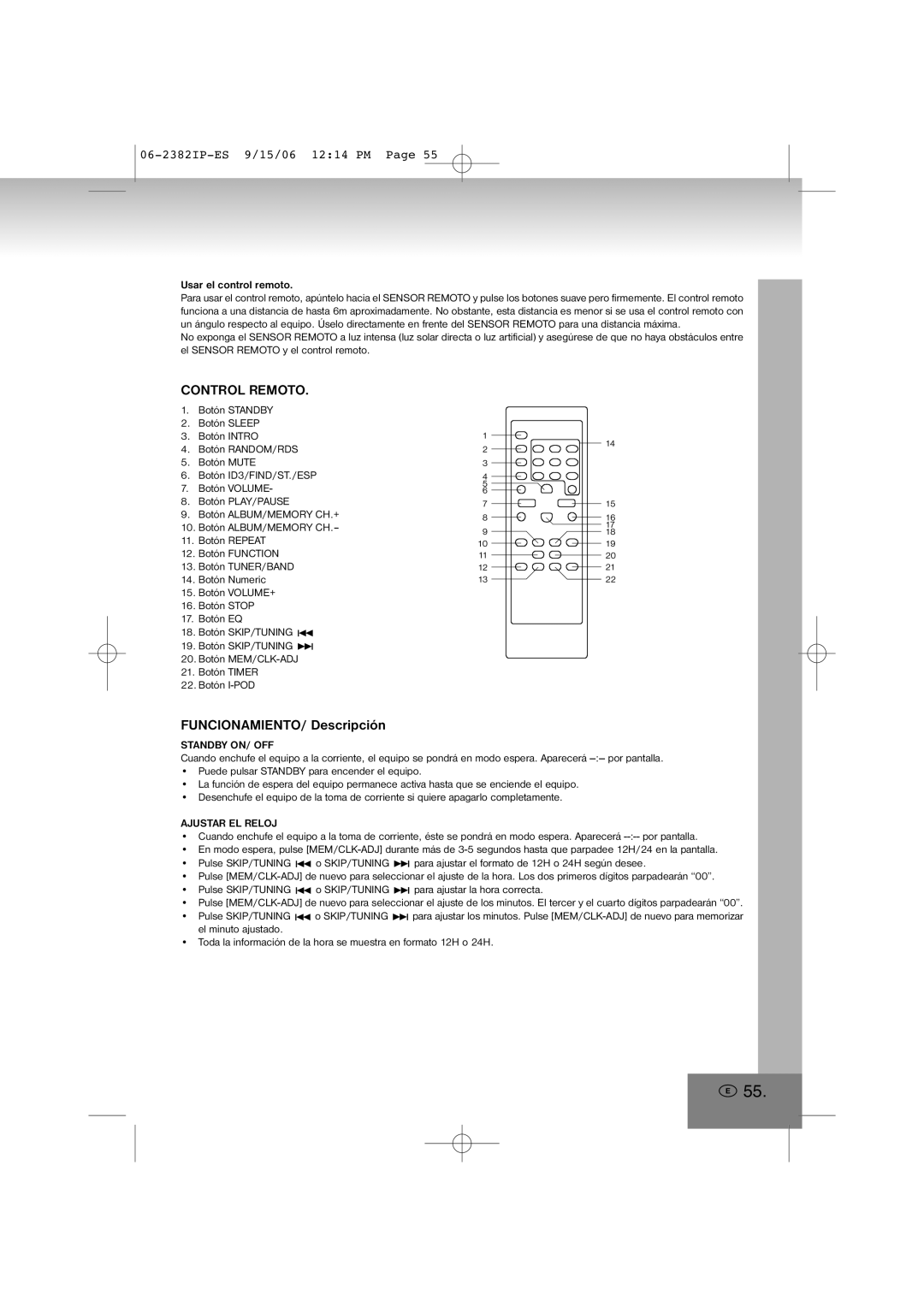 Elta 2382IP manual Control Remoto, FUNCIONAMIENTO/ Descripción, Usar el control remoto, Ajustar EL Reloj 