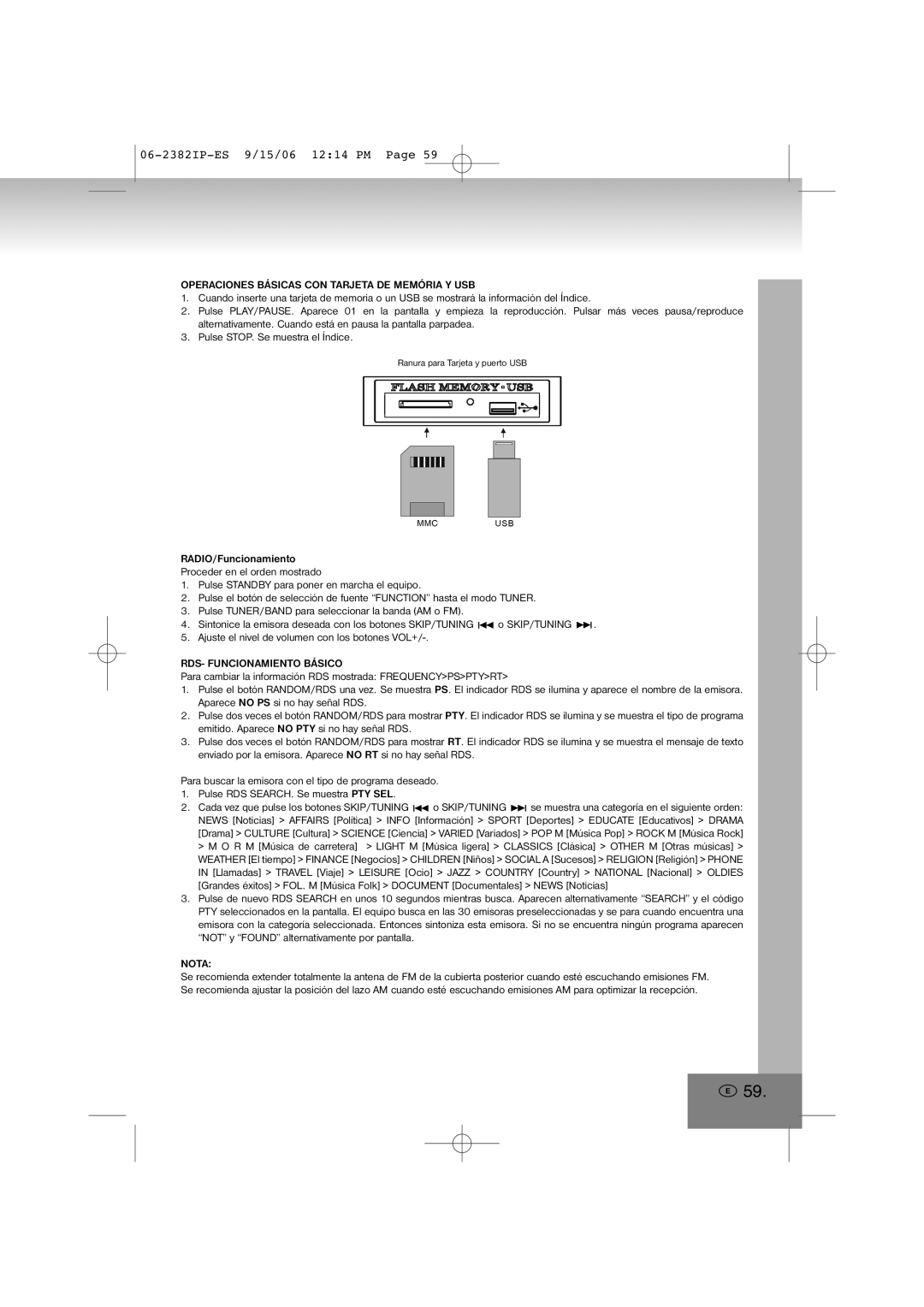 Elta 2382IP manual Operaciones Básicas CON Tarjeta DE Memória Y USB, RDS- Funcionamiento Básico 