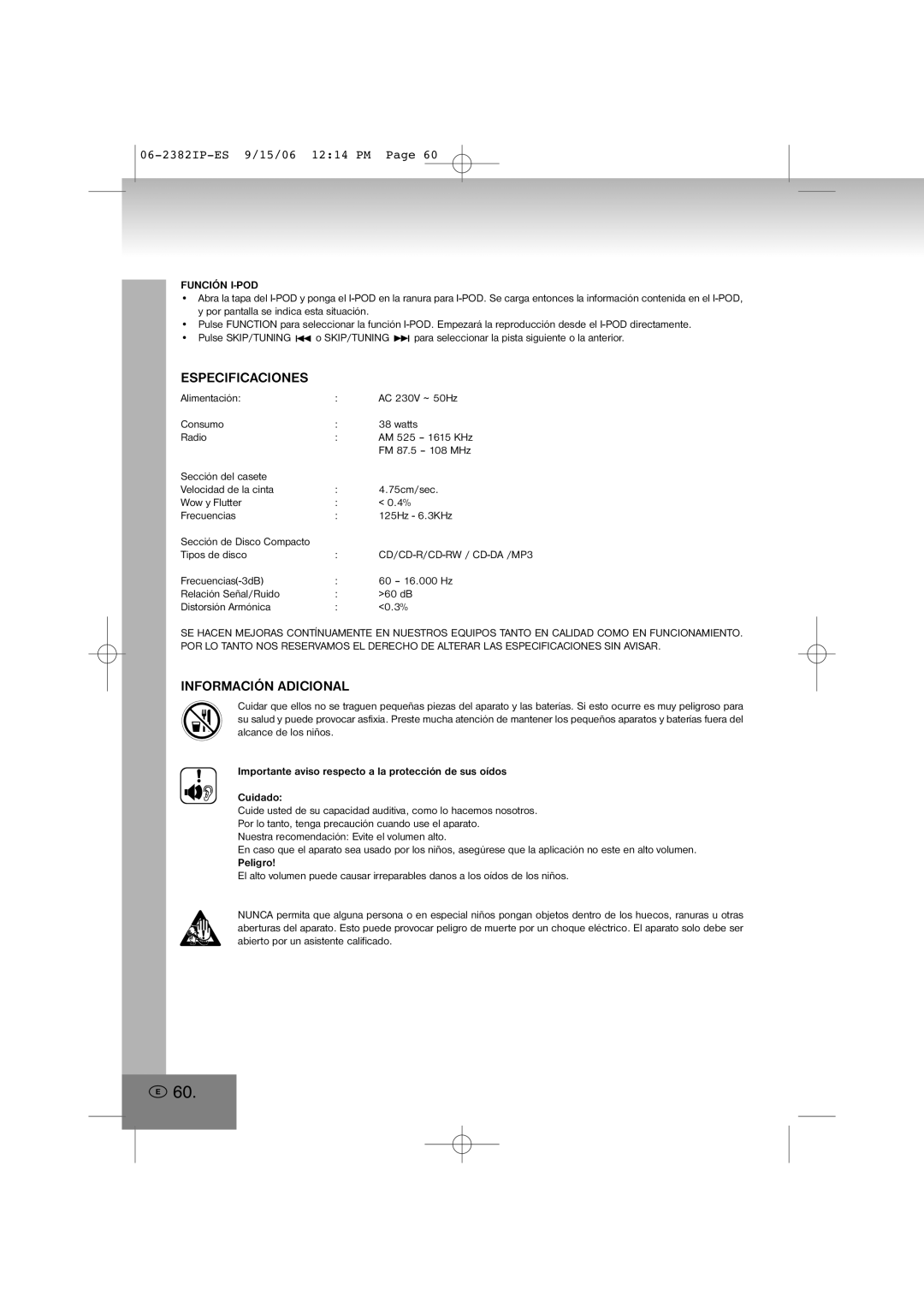 Elta 2382IP manual Especificaciones, Información Adicional, Función I-POD 