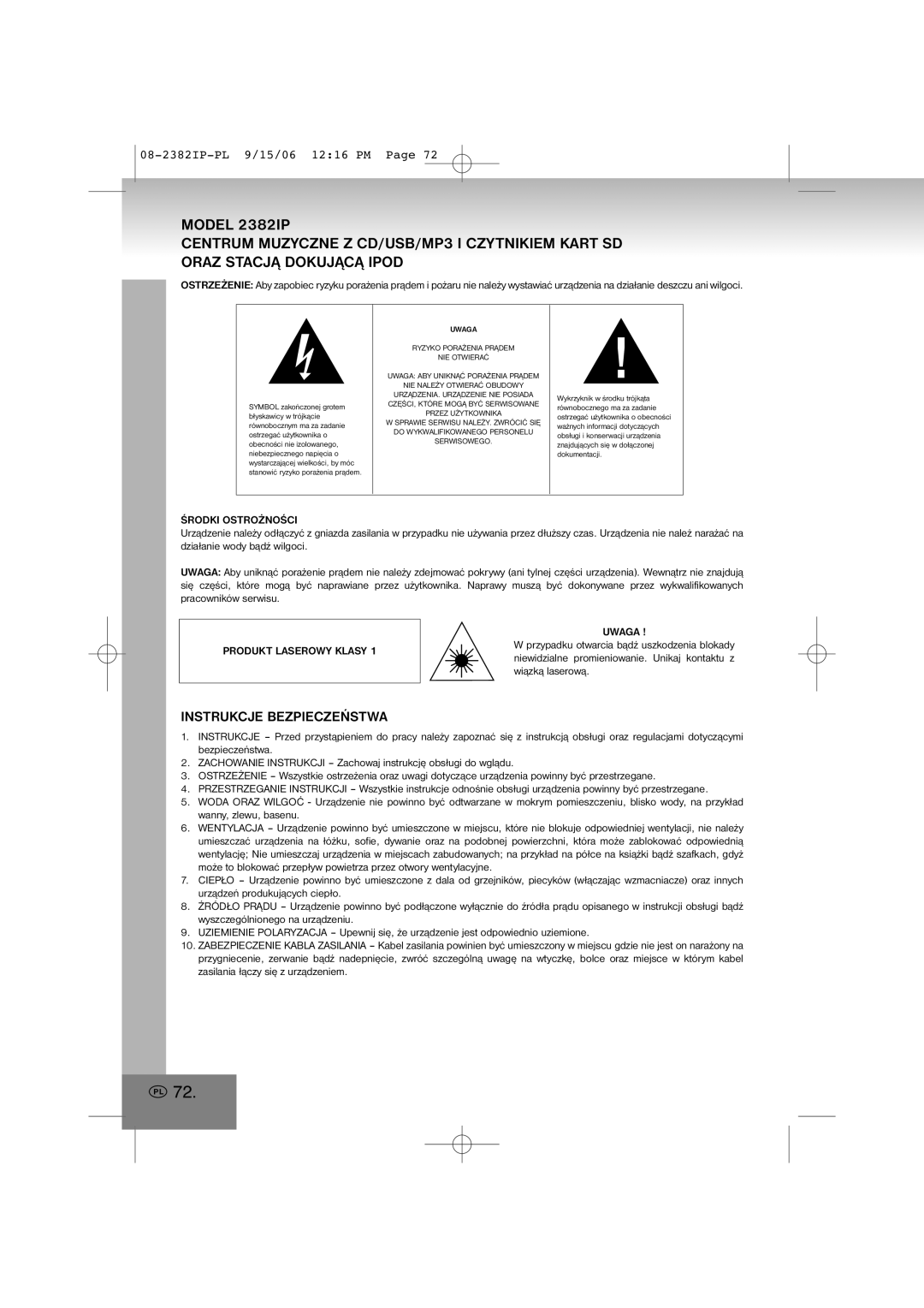 Elta 2382IP manual Instrukcje Bezpieczeństwa, Środki Ostrożności, Produkt Laserowy Klasy Uwaga 