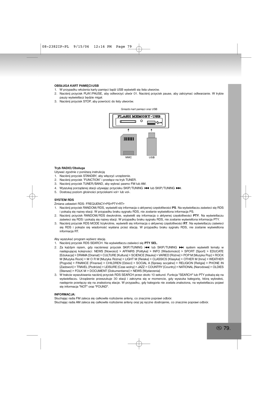 Elta 2382IP manual Obsługa Kart PAMIĘCI-USB, System RDS, Zmiana ustawień RDS Frequencypsptyrt, Informacja 