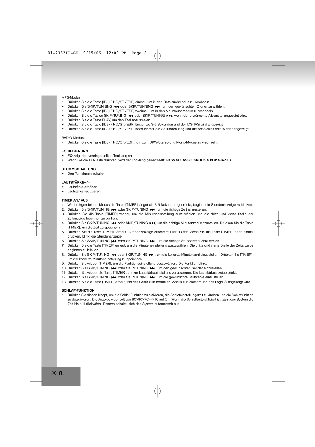 Elta 2382IP manual EQ Bedienung, Stummschaltung, Lautstärke+, Timer AN/ AUS, Schlaf-Funktion 