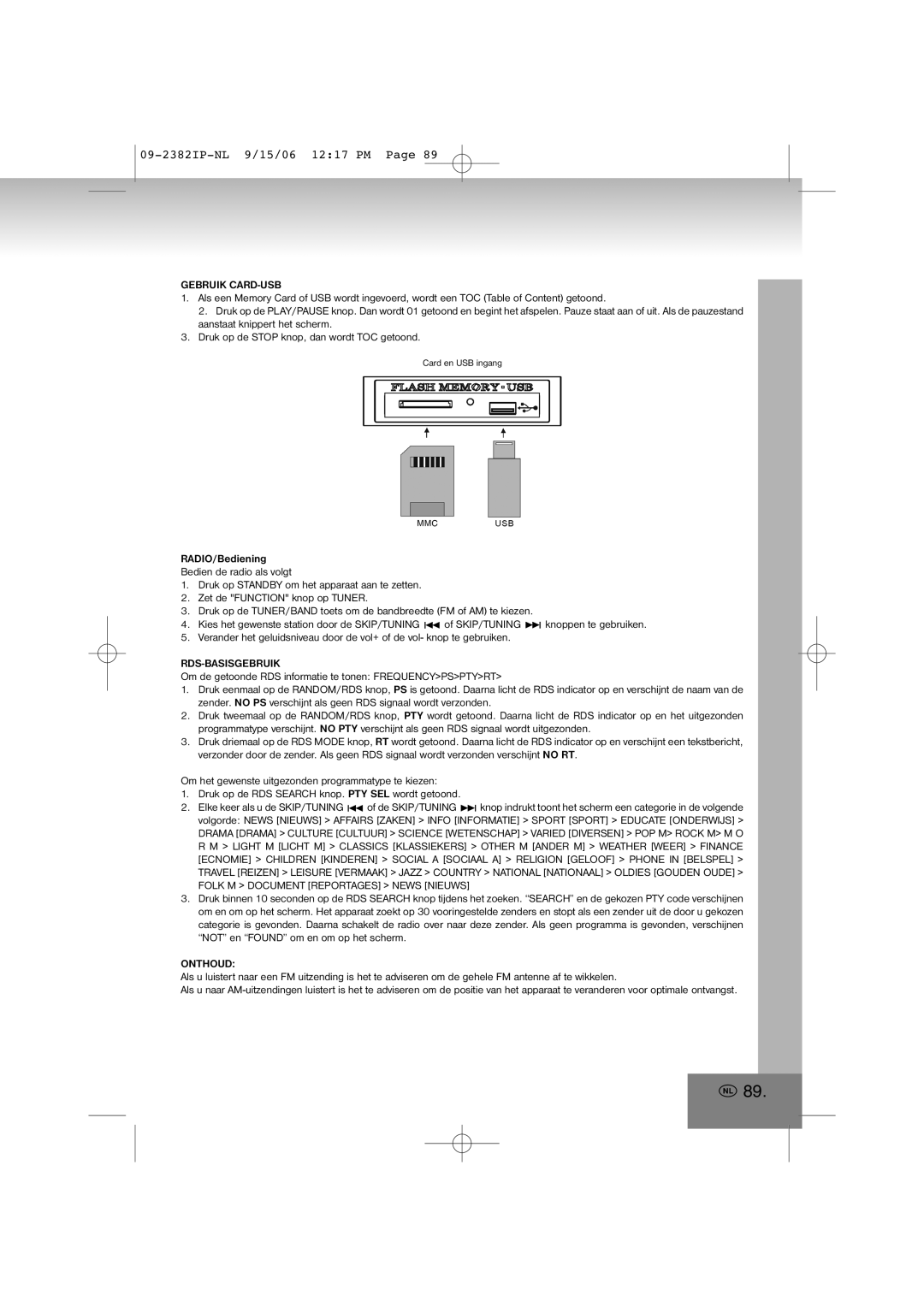 Elta 2382IP manual Gebruik CARD-USB, Rds-Basisgebruik, Onthoud 