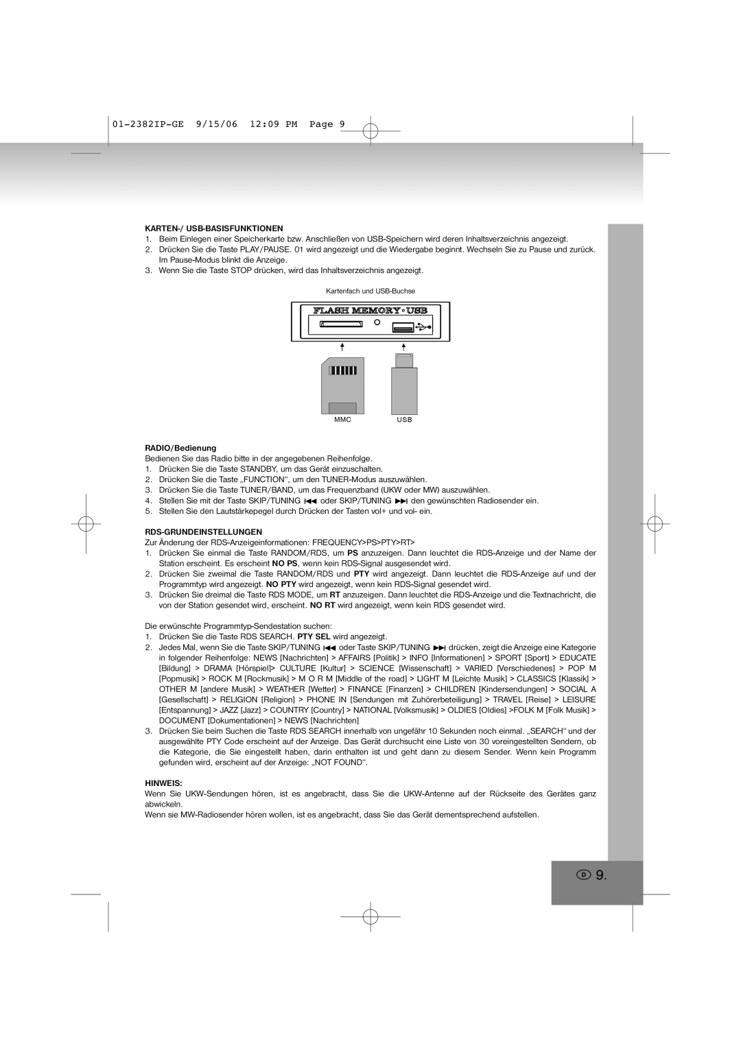 Elta 2382IP manual Karten-/ Usb-Basisfunktionen, Rds-Grundeinstellungen, Hinweis 