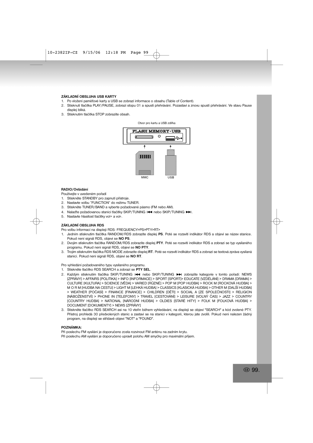 Elta 2382IP manual Základní Obsluha USB Karty, Základní Obsluha RDS, Poznámka 