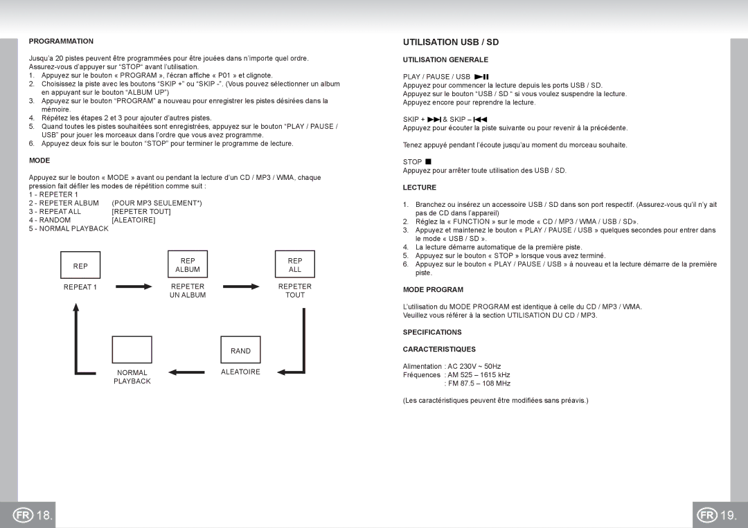 Elta 2383 manual Utilisation USB / SD, Programmation, Mode Program, Specifications Caracteristiques 