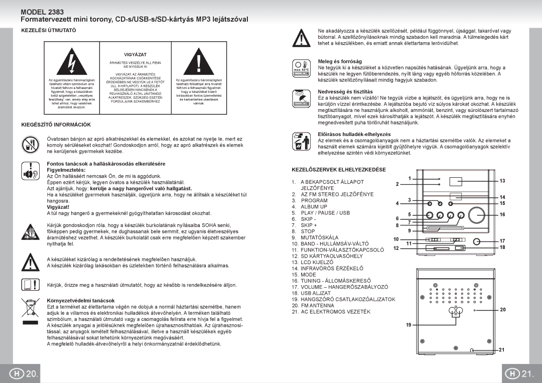 Elta 2383 manual Kezelési Útmutató, Kiegészítő Információk, Kezelőszervek Elhelyezkedése, AC Elektromos Vezeték 