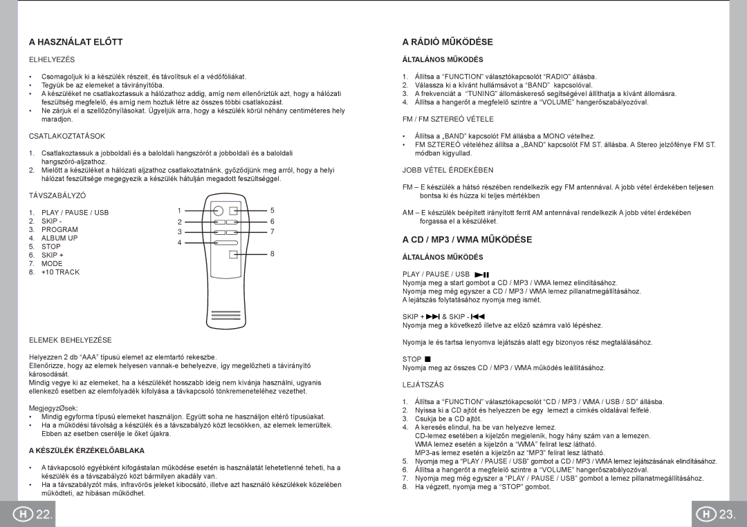 Elta 2383 manual Használat Előtt, Rádió Működése, CD / MP3 / WMA Működése 
