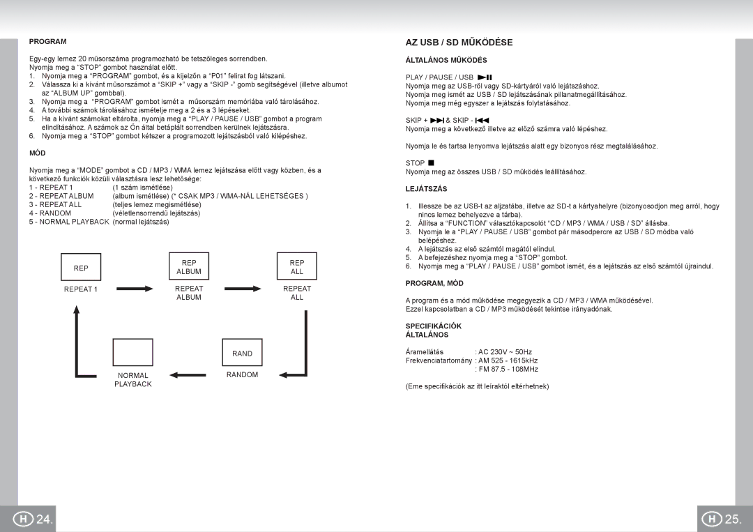 Elta 2383 manual AZ USB / SD Működése Általános Működés, Program, Mód, Specifikációk Általános 