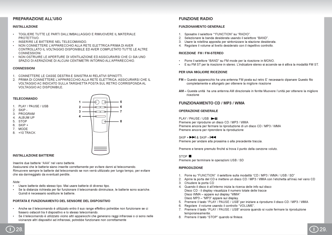 Elta 2383 manual Preparazione ALL’USO, Funzione Radio, Funzionamento CD / MP3 / WMA 