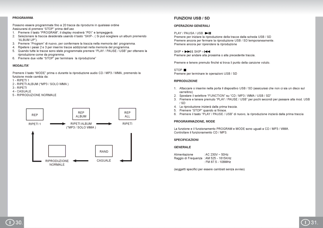 Elta 2383 manual Funzioni USB / SD 