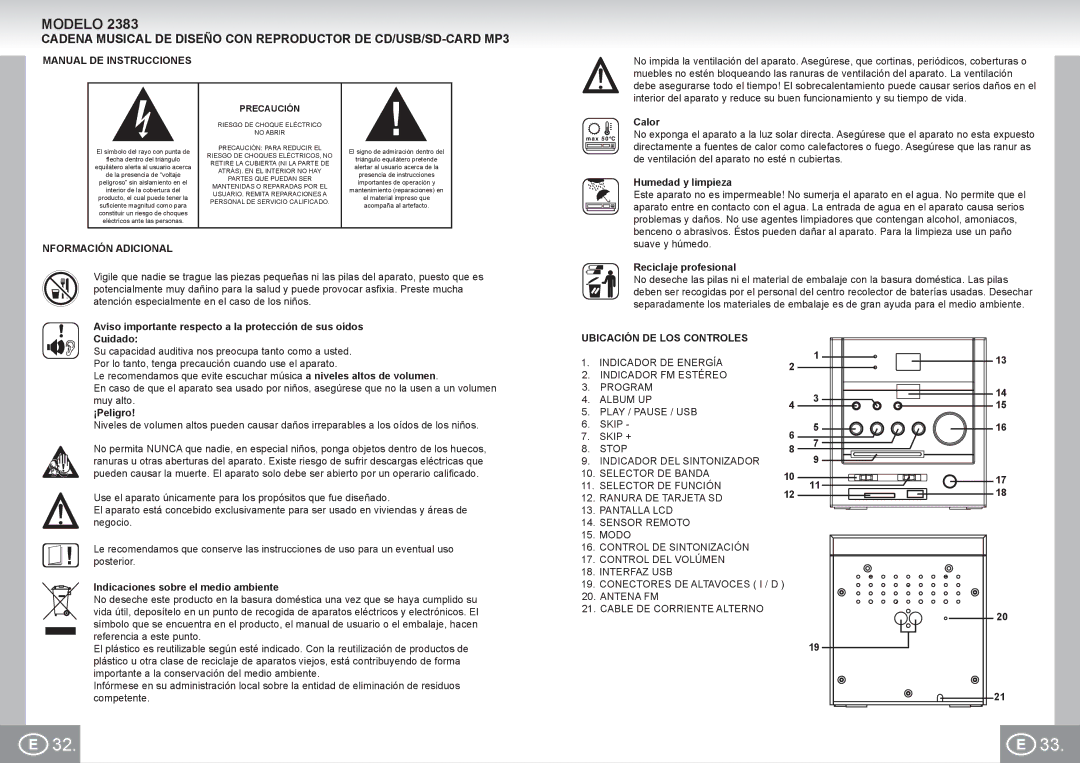 Elta 2383 Modelo, Manual DE Instrucciones, Nformación Adicional, Ubicación DE LOS Controles, Cable DE Corriente Alterno 